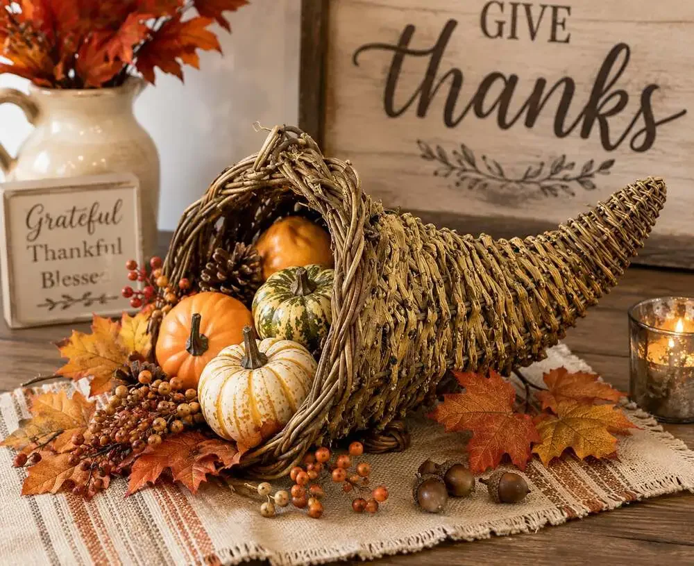 Rustic Natural Twig and Metal Woven Cornucopia Basket Fall Thanksgiving Centerpi